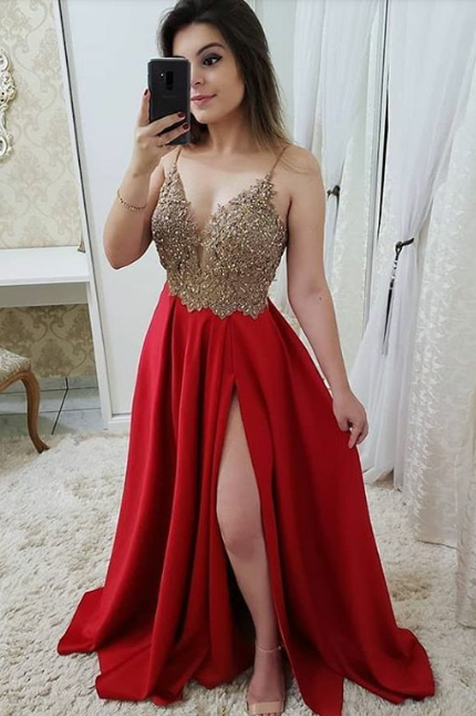 Spaghetti Straps A Line Split Prom Dress, Pink Beaded Evening Dresses DMJ47