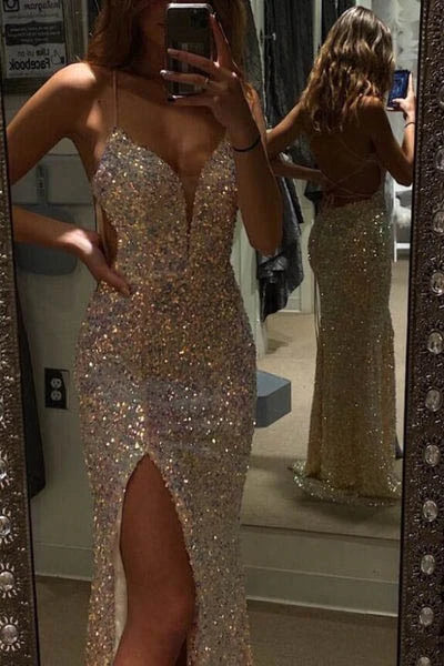 Spaghetti Straps Sequins Mermaid Prom Dresses, Sparkly Slit Long Formal Gown DMP173