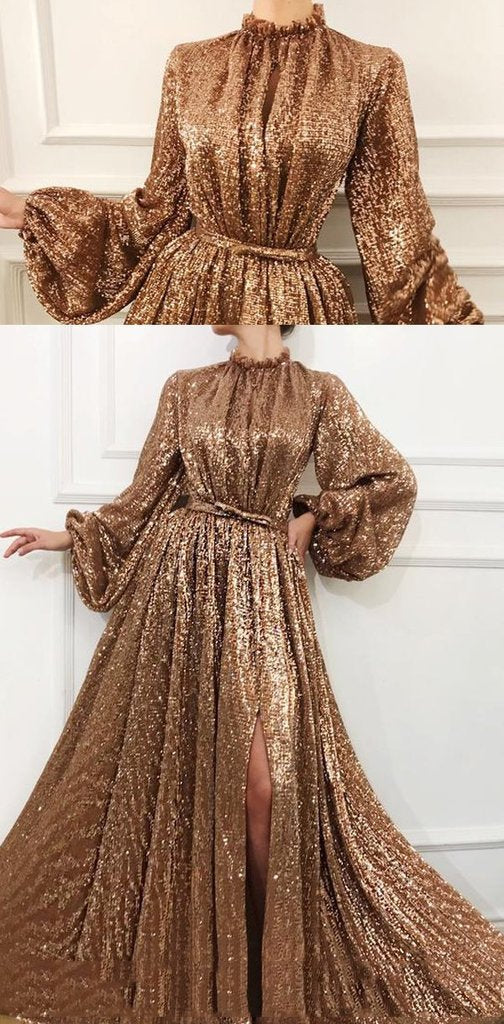 Charming A Line Long Sleeve Sequin High Neck Prom Dresses DMH60