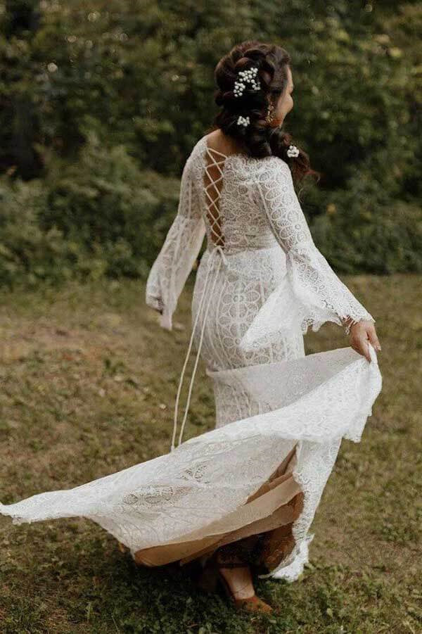 Sheath Long Sleeves Lace up Back Beach Wedding Dresses, Boho Bridal Gown DM1882