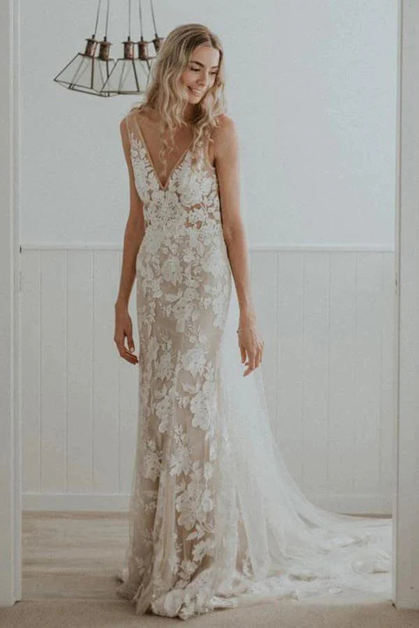 Sheath V-neck Lace Wedding dresses With Chapel Train, Unique Bridal Gowns DM1888