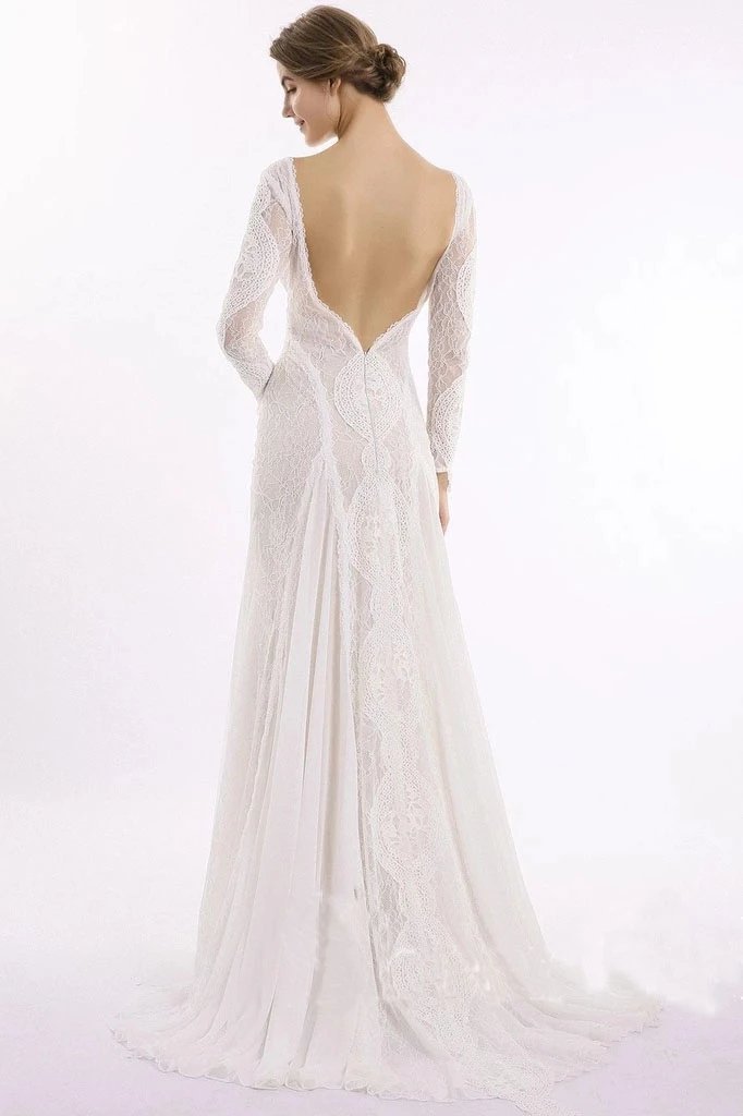 Elegant Lace Bridal Dress, Long Sleeves Backless Beach Wedding Dresses DMN91