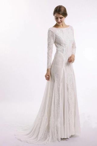 Elegant Lace Bridal Dress, Long Sleeves Backless Beach Wedding Dresses DMN91