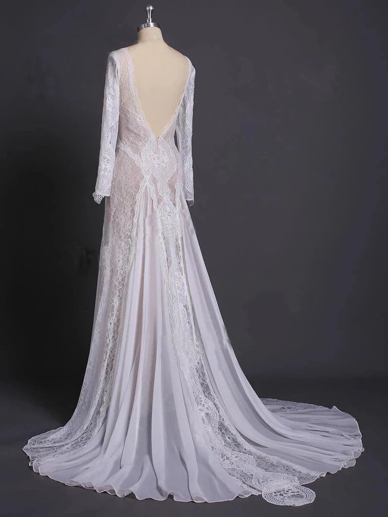 Elegant Lace Bridal Dress, Long Sleeves Backless Beach Wedding Dresses DMN91