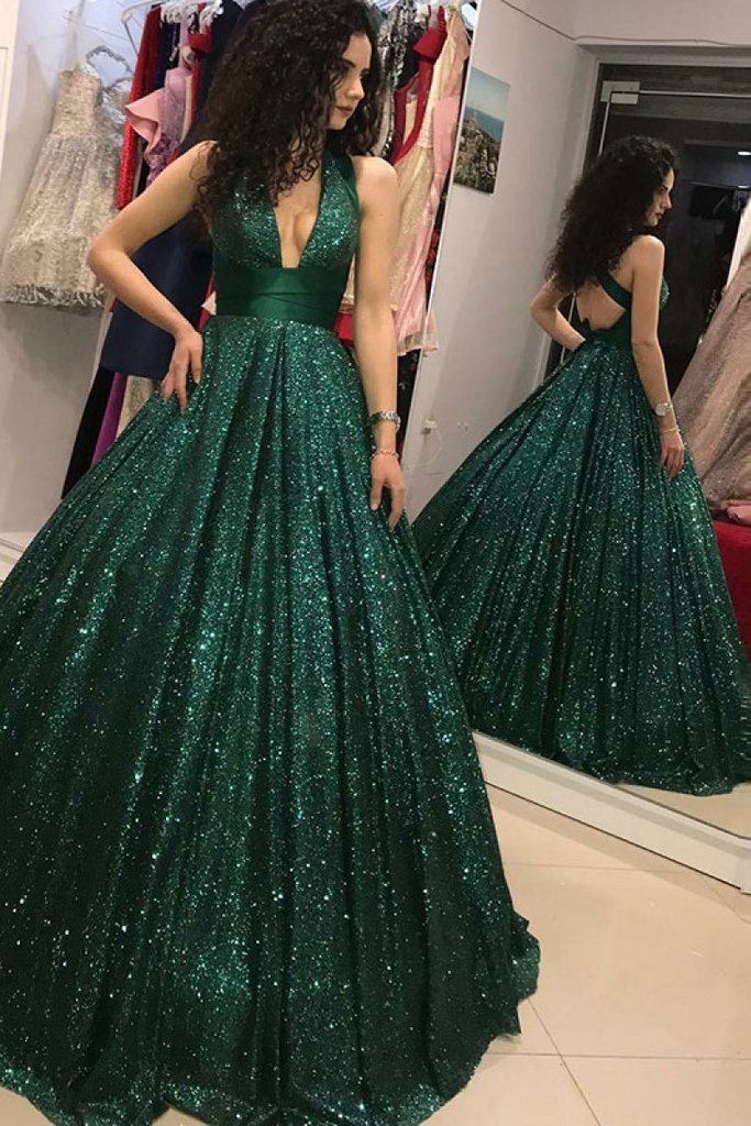 Shinny Green Sequined Ball Gown Cheap Prom Dress, Quinceanera Dresses DMH73
