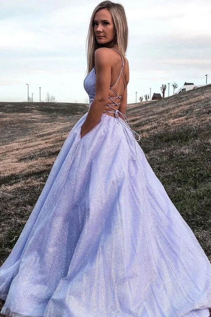 Sparkly Lavender Spaghetti Straps A Line Prom Dress with Pocket, V Neck Formal Evening Dress DM1022