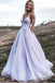 Sparkly Lavender Spaghetti Straps A Line Prom Dress with Pocket, V Neck Formal Evening Dress DM1022