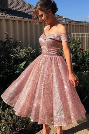 Shiny Off Shoulder Pink Short Prom Dress, Sweet A Line Graduation Homecoming Dress DM1050