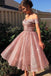 Shiny Off Shoulder Pink Short Prom Dress, Sweet A Line Graduation Homecoming Dress DM1050
