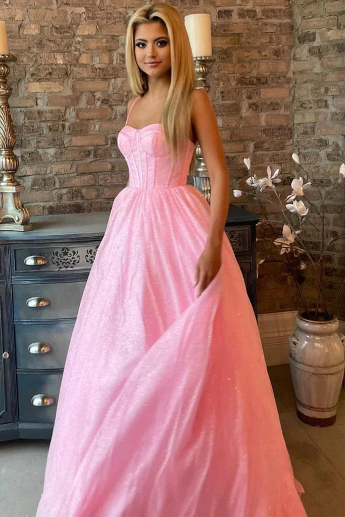 Shiny A Line Pink Tulle Spaghetti Straps Sparkly Long Prom Dress DM1969