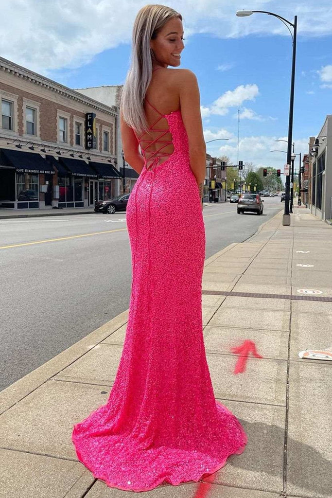 Glitter Hot Pink Mermaid Sparkly Prom Dresses with Slit, Long Evening Dresses DMP105