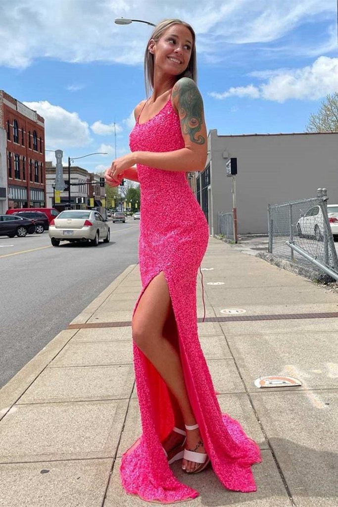 Glitter Hot Pink Mermaid Sparkly Prom Dresses with Slit, Long Evening Dresses DMP105