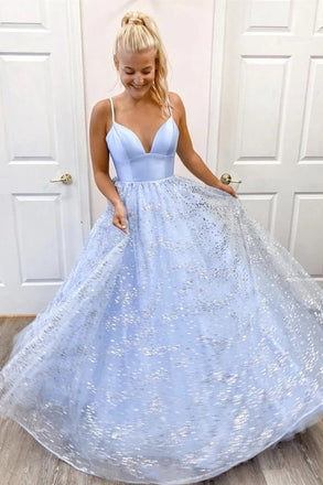 Shiny Sequins Spaghetti Straps V Neck Light Blue A Line Long Prom Dress DM1007