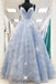 Shiny Sequins Spaghetti Straps V Neck Light Blue A Line Long Prom Dress DM1007