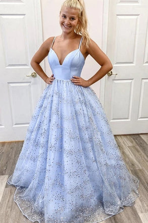 Shiny Sequins Spaghetti Straps V Neck Light Blue A Line Long Prom Dress DM1007