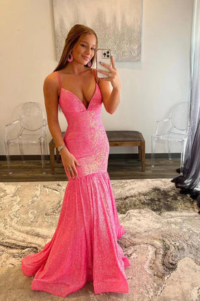 Shiny Sequins V Neck Mermaid Long Prom Dresses, Formal Graduation Evening Dresses DM1911