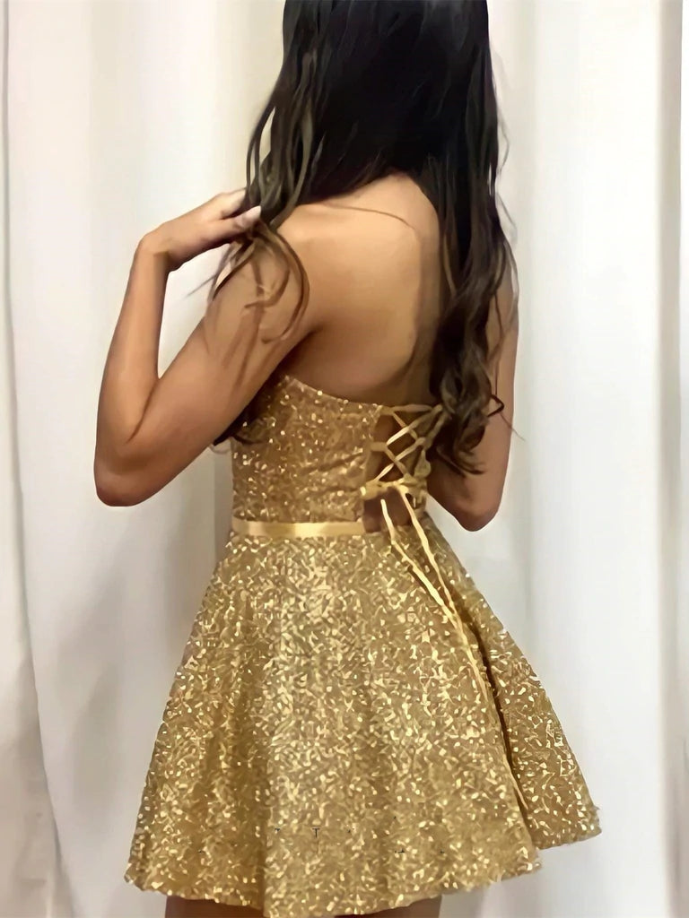 Shiny Strapless Open Back Golden Short Prom Homecoming Dress, Formal Graduation Evening Dresses DMHD17