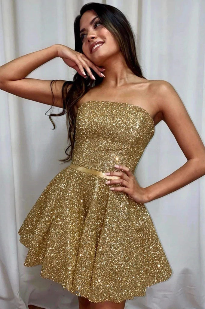 Shiny Strapless Open Back Golden Short Prom Homecoming Dress, Formal Graduation Evening Dresses DMHD17