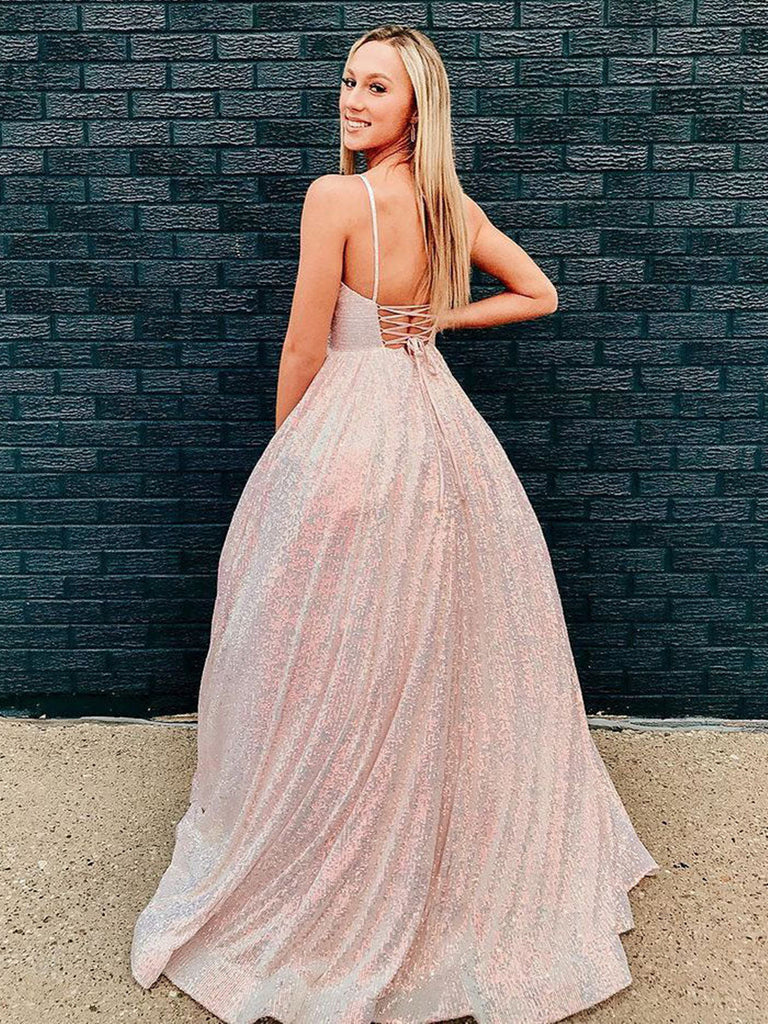 Shiny V Neck Sequined Pink Long Prom Dress, A Line Formal Evening Dresses DMP121