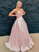 Shiny V Neck Sequined Pink Long Prom Dress, A Line Formal Evening Dresses DMP121