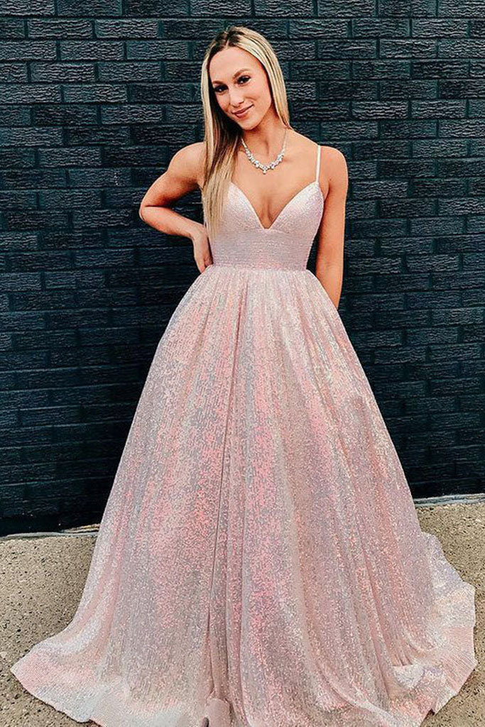 Shiny V Neck Sequined Pink Long Prom Dress, A Line Formal Evening Dresses DMP121