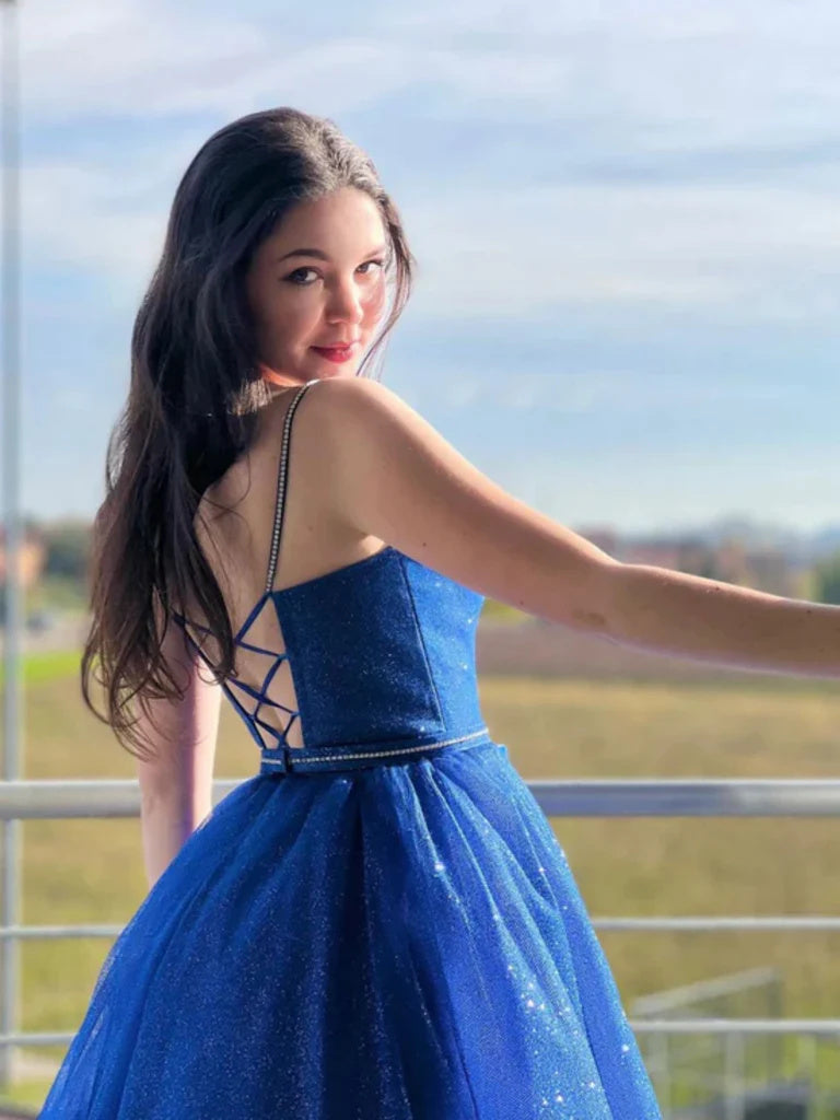 Shiny A Line Royal Blue Tulle Long Prom Dresses, Formal Evening Dresses DMP294