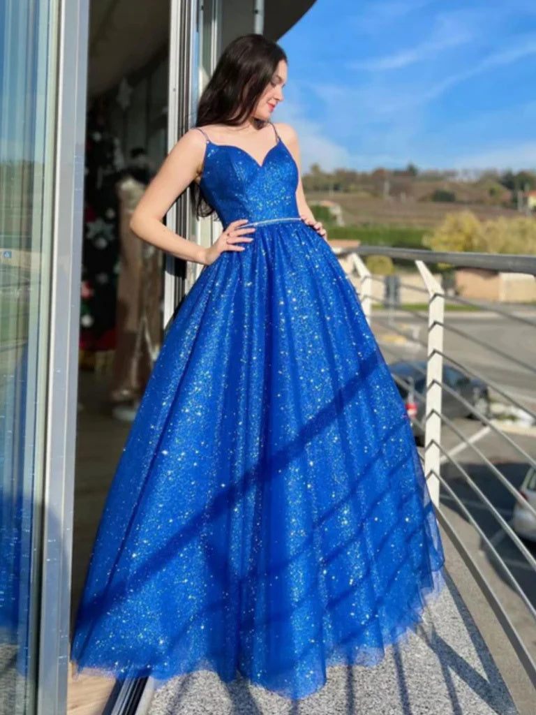 Shiny A Line Royal Blue Tulle Long Prom Dresses, Formal Evening Dresses DMP294