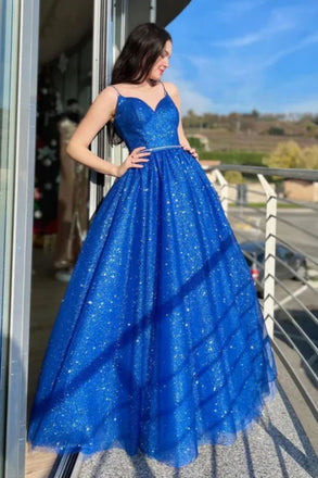Shiny A Line Royal Blue Tulle Long Prom Dresses, Formal Evening Dresses DMP294