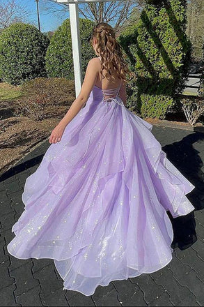 Shiny V Neck Lilac Backless Long Prom Dresses, Formal Evening Dresses DM1918