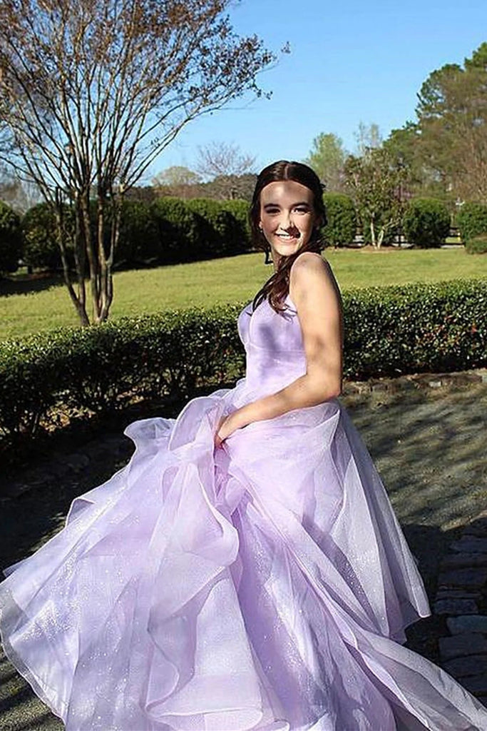 Shiny V Neck Lilac Backless Long Prom Dresses, Formal Evening Dresses DM1918