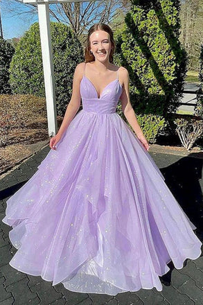 Shiny V Neck Lilac Backless Long Prom Dresses, Formal Evening Dresses DM1918
