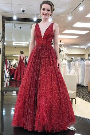 Charming Burgundy V Neck Sleeveless Sequin Prom Dresses A Line Formal Party Dress DMI56