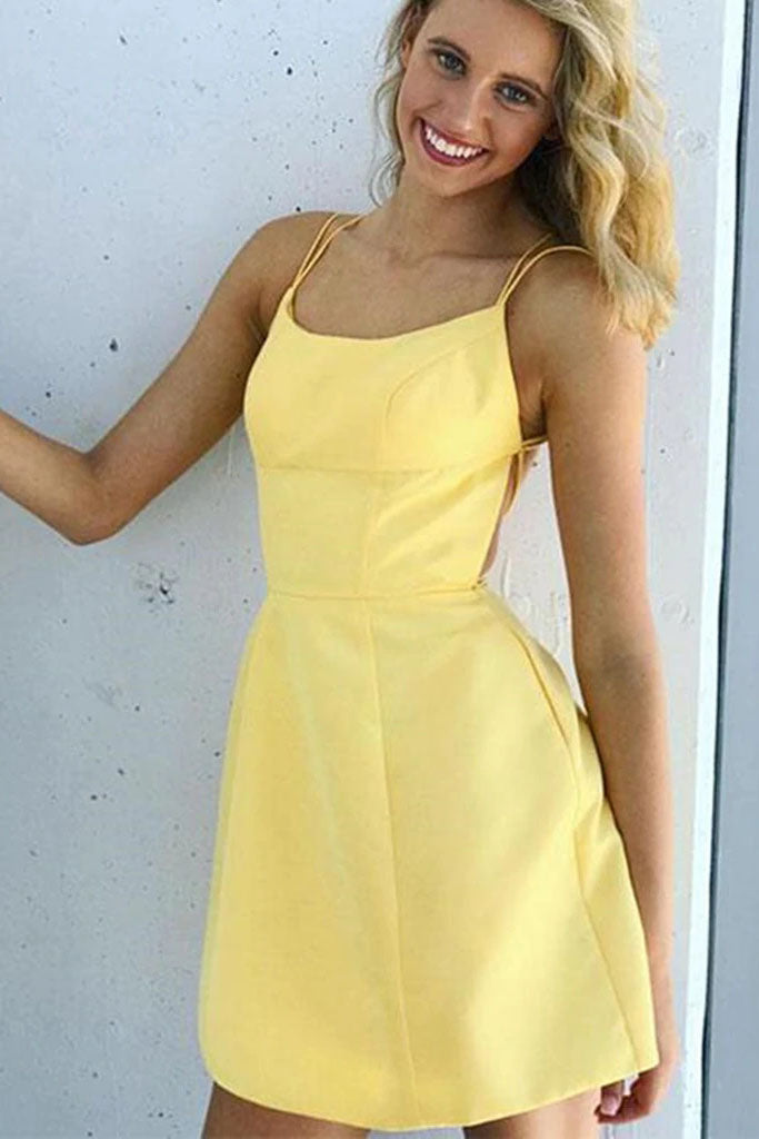 Short Backless Yellow Prom Homecoming Dress, A Line Formal Graduation Evening Dresses DMHD21