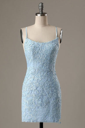 Mini Light Blue Sheath Lace Prom Dresses,Tight Homecoming Dresses,Cocktail Dress DM1011