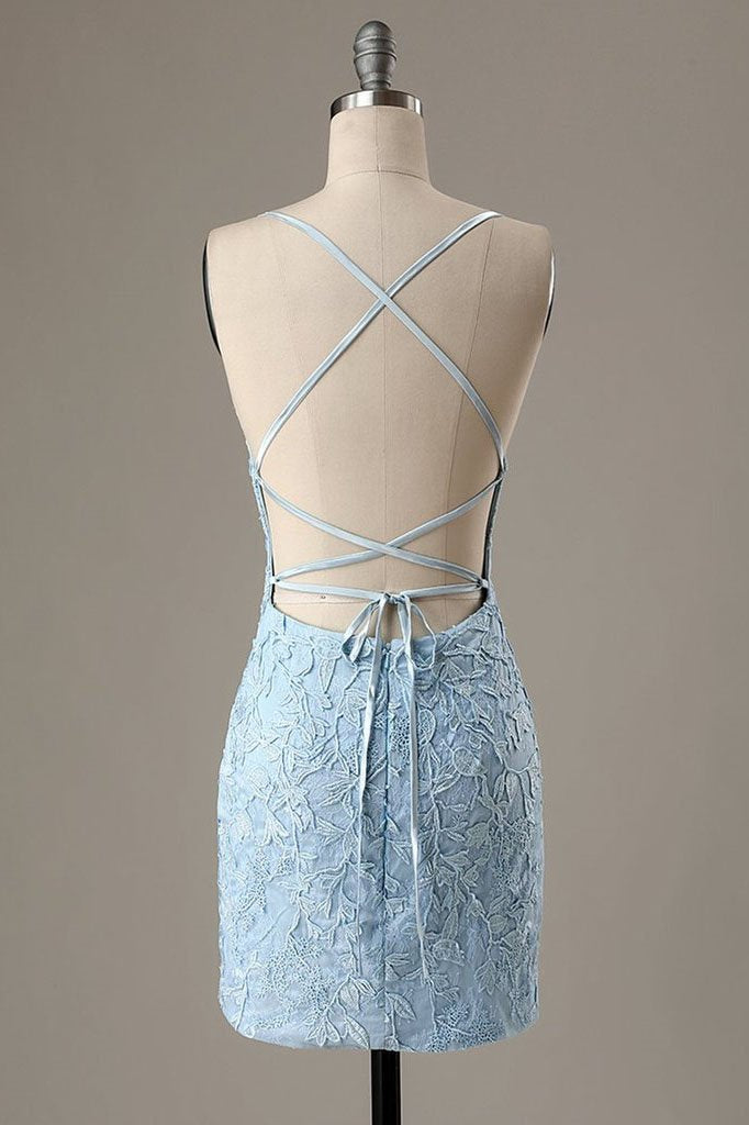 Mini Light Blue Sheath Lace Prom Dresses,Tight Homecoming Dresses,Cocktail Dress DM1011