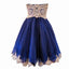 A Line Short Blue Gold Lace Appliques Prom Dresses Homecoming Dresses DMF58