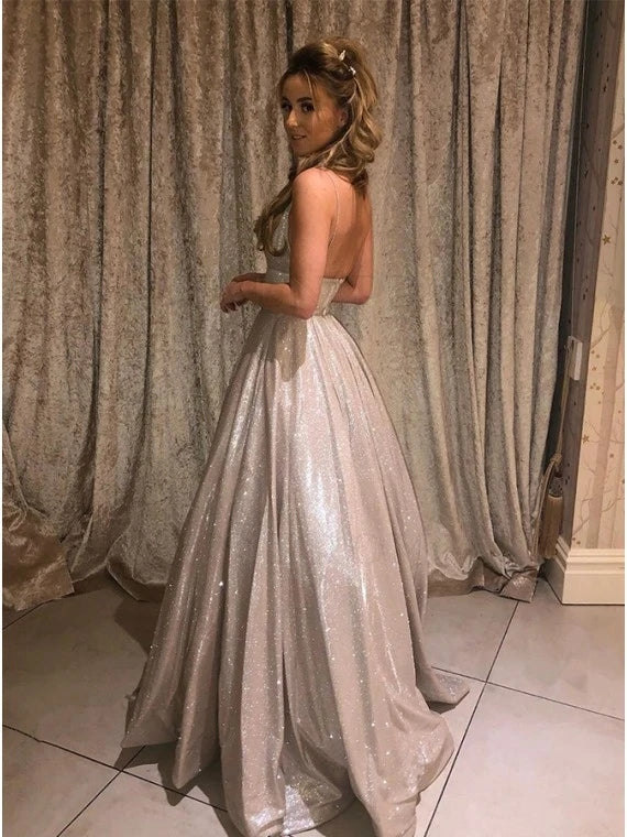 Lavender Sparkly A Line V-neck Long Prom Dresses with Pockets DM1059