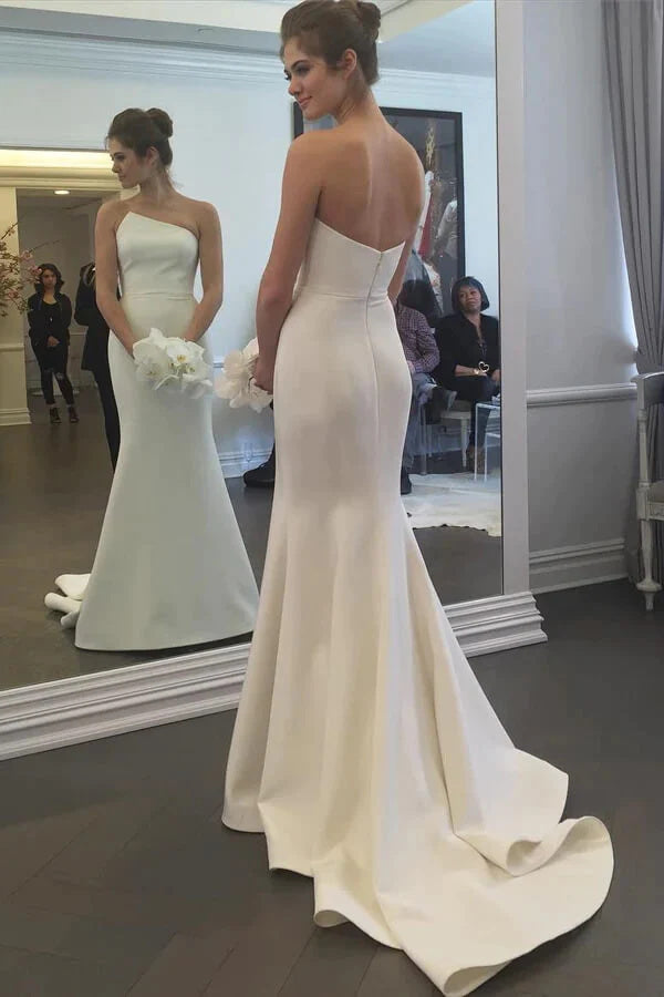 Simple Mermaid Ivory Strapless Wedding Dresses With Train, Wedding Gown DM1808
