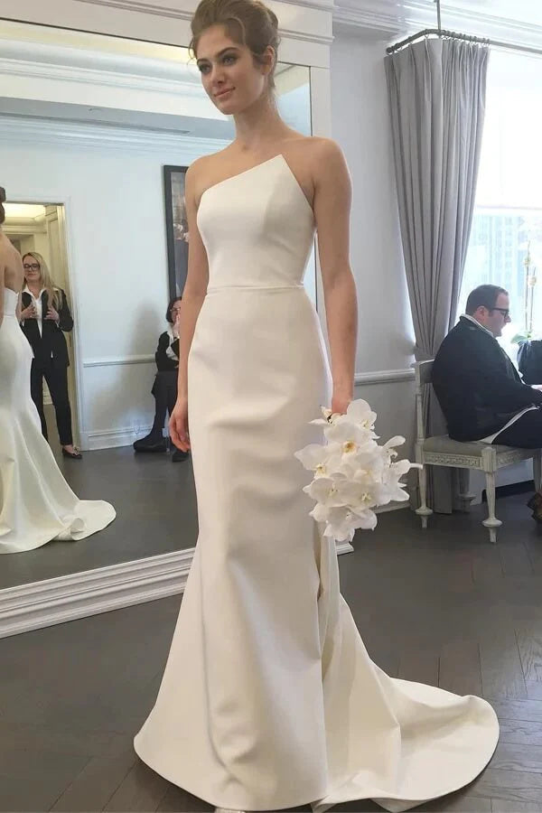 Simple Mermaid Ivory Strapless Wedding Dresses With Train, Wedding Gown DM1808