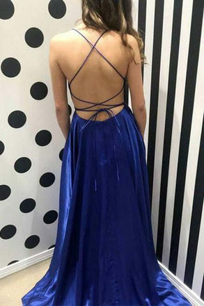 Royal Blue Spaghetti Strap A Line Prom Dress Sexy Long Split Party Dresses DMJ90