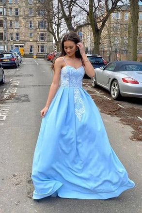 Sky Blue Satin A-line Sweetheart Lace Appliques Prom Dresses, Long Formal Evening Gown DMP216
