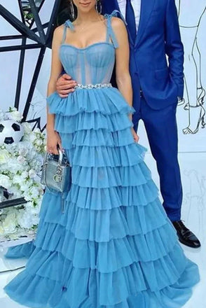 Sky Blue Tulle Sleeveless Tiered A-line Prom Dress Formal Evening Dress DMP161