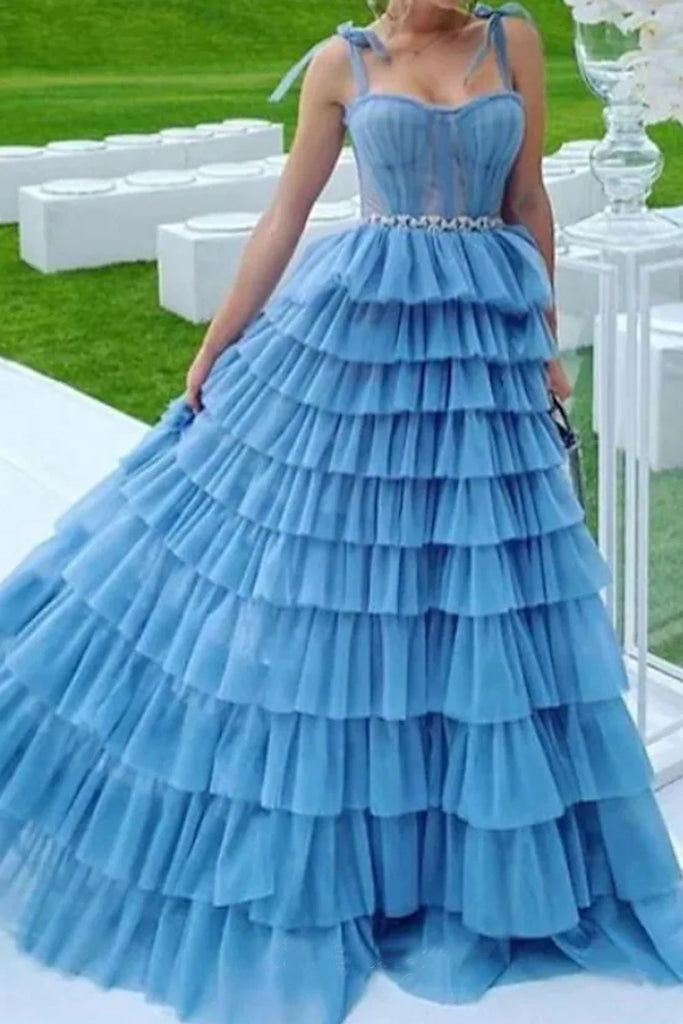 Sky Blue Tulle Sleeveless Tiered A-line Prom Dress Formal Evening Dress DMP161