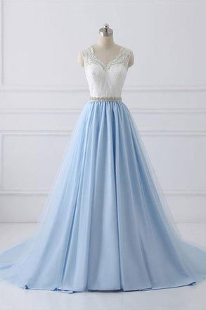 Sky Blue Long V Neck Evening Dress with Beaded Belt,Lace Top Long Prom Dress DM980