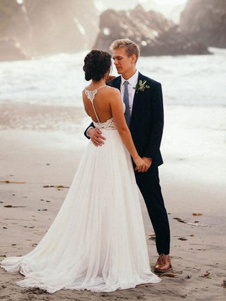 Spaghetti Strap Beaded Ivory Chiffon V Neck Long Cheap Wedding Dresses DMH70