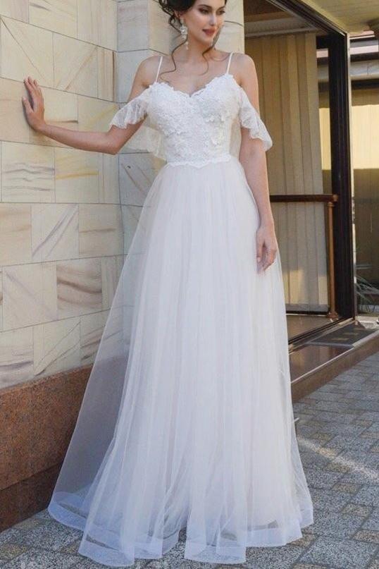 Spaghetti Straps Lace Dropped Sleeves Tulle A Line Beach Wedding Dress OKH83 Demodresses Spaghetti Straps Lace Dropped Sleeves Tulle A Line Beach Wedding Dress OKH83 Demodresses