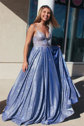 Sparkly Blue A-line Spaghetti Straps Long Prom Dresses with Appliques DMP041