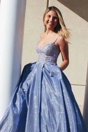 Sparkly Blue A-line Spaghetti Straps Long Prom Dresses with Appliques DMP041