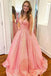 Pink Sparkly Sequins A-Line V-neck Spaghetti Straps Prom Dresses With Pockets DM2009