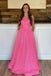 Sparkly Sequins Hot Pink A-line One Shoulder Long Prom Dresses With Pockets DMP213